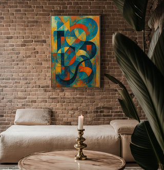 Bold Geometric Abstract Wall Art – Colorful Mid Century Style Shapes Print, Modern Retro Art Poster in Orange, Blue & Yellow Tones - Just Great Posters