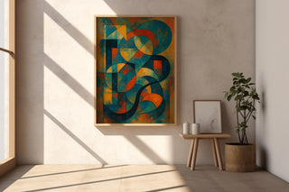 Bold Geometric Abstract Wall Art – Colorful Mid Century Style Shapes Print, Modern Retro Art Poster in Orange, Blue & Yellow Tones - Just Great Posters