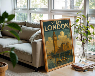 Visit London Vintage Poster – Retro Big Ben & River Thames Travel Print, Classic British Wall Art, UK Tourism Illustration - Just Great Posters