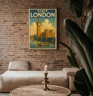 Visit London Vintage Poster – Retro Big Ben & River Thames Travel Print, Classic British Wall Art, UK Tourism Illustration - Just Great Posters
