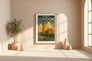 Visit London Vintage Poster – Retro Big Ben & River Thames Travel Print, Classic British Wall Art, UK Tourism Illustration - Just Great Posters