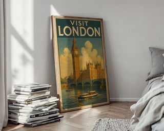 Visit London Vintage Poster – Retro Big Ben & River Thames Travel Print, Classic British Wall Art, UK Tourism Illustration - Just Great Posters