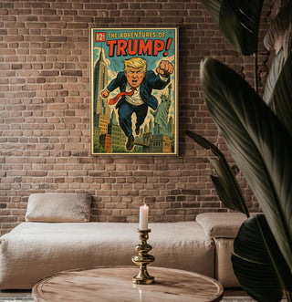 Trump Comic Poster – Satirical Superhero Art Print in Retro Comic Style, Bold Political Pop Culture Wall Art - Just Great Posters