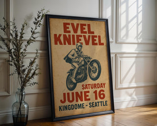 Evel Knievel Kingdome Seattle Poster – Retro Motorcycle Stunt Print, Vintage Daredevil Wall Art, Bold Americana Throwback - Just Great Posters