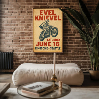 Evel Knievel Kingdome Seattle Poster – Retro Motorcycle Stunt Print, Vintage Daredevil Wall Art, Bold Americana Throwback - Just Great Posters