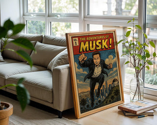 Musk Comic Poster – Elon Musk Superhero Parody Print, Retro Comic Wall Art for Fans of Tech & Pop Culture - Just Great Posters