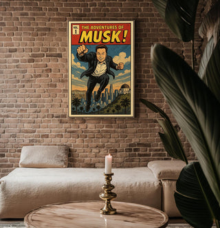 Musk Comic Poster – Elon Musk Superhero Parody Print, Retro Comic Wall Art for Fans of Tech & Pop Culture - Just Great Posters