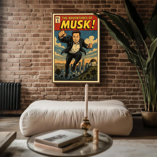 Musk Comic Poster – Elon Musk Superhero Parody Print, Retro Comic Wall Art for Fans of Tech & Pop Culture - Just Great Posters