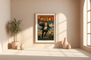Musk Comic Poster – Elon Musk Superhero Parody Print, Retro Comic Wall Art for Fans of Tech & Pop Culture - Just Great Posters