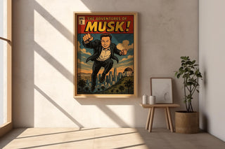 Musk Comic Poster – Elon Musk Superhero Parody Print, Retro Comic Wall Art for Fans of Tech & Pop Culture - Just Great Posters