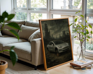 Post - Apocalyptic Tesla Art Print – Dystopian Abandoned Car Wall Art, Dark Futurism Poster with Ruins, Bleak Modern Satire Decor - Just Great Posters