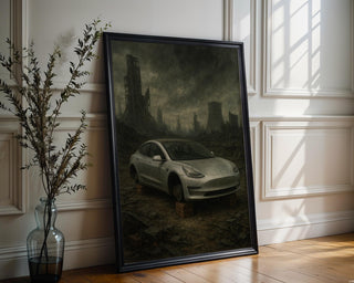 Post - Apocalyptic Tesla Art Print – Dystopian Abandoned Car Wall Art, Dark Futurism Poster with Ruins, Bleak Modern Satire Decor - Just Great Posters