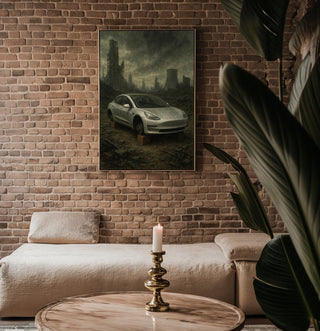 Post - Apocalyptic Tesla Art Print – Dystopian Abandoned Car Wall Art, Dark Futurism Poster with Ruins, Bleak Modern Satire Decor - Just Great Posters