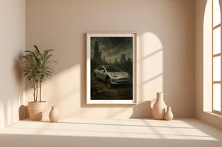 Post - Apocalyptic Tesla Art Print – Dystopian Abandoned Car Wall Art, Dark Futurism Poster with Ruins, Bleak Modern Satire Decor - Just Great Posters