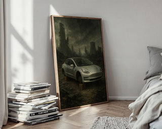 Post - Apocalyptic Tesla Art Print – Dystopian Abandoned Car Wall Art, Dark Futurism Poster with Ruins, Bleak Modern Satire Decor - Just Great Posters