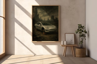 Post - Apocalyptic Tesla Art Print – Dystopian Abandoned Car Wall Art, Dark Futurism Poster with Ruins, Bleak Modern Satire Decor - Just Great Posters