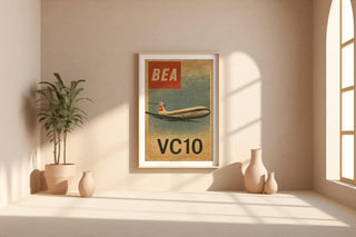 Vintage BEA VC10 Airplane Poster – Retro British Aircraft Wall Art, Aviation Collectible Print with Red Tail, 1960s Jet Nostalgia - Just Great Posters