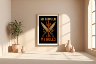 My Kitchen My Rules Poster – Bold Chef Wall Art with Knives and Flames, Funny Kitchen Decor for Cooks, Grillmasters, and Foodies - Just Great Posters