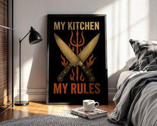 My Kitchen My Rules Poster – Bold Chef Wall Art with Knives and Flames, Funny Kitchen Decor for Cooks, Grillmasters, and Foodies - Just Great Posters