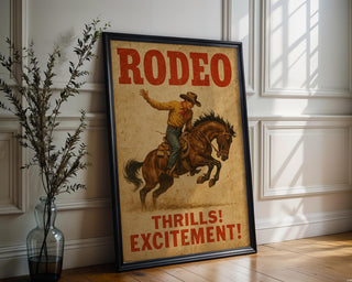Rodeo Vintage Poster – Western Cowboy Wall Art with Bucking Bronco, “Thrills! Excitement!” Print for Rustic or Country Home Decor - Just Great Posters