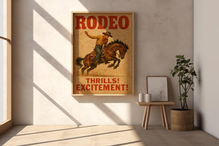 Rodeo Vintage Poster – Western Cowboy Wall Art with Bucking Bronco, “Thrills! Excitement!” Print for Rustic or Country Home Decor - Just Great Posters