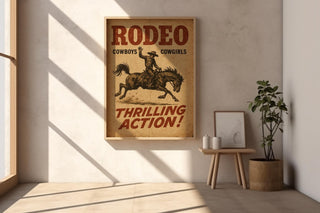 Cowboy Rodeo Poster – “Thrilling Action!” Western Vintage Print with Horse Rider, Rustic Wild West Wall Art for Rodeo or Ranch Decor - Just Great Posters