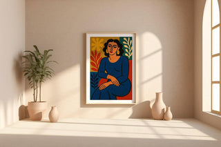 Modern Woman Art Print – Matisse Style Bold Female Portrait with Abstract Leaves, Gallery Wall or Boho Home Decor Poster - Just Great Posters