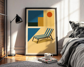 Poolside Wall Art – Retro Modern Summer Vibes Print in Bauhaus Style with Chair and Sun, Vacation Home Decor Poster - Just Great Posters