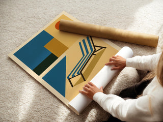 Poolside Wall Art – Retro Modern Summer Vibes Print in Bauhaus Style with Chair and Sun, Vacation Home Decor Poster - Just Great Posters