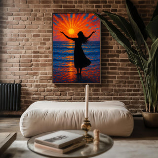 Sunset Ocean Silhouette Wall Art – Radiant Woman at Sea in Golden Hour Light, Spiritual Coastal Print for Calm Decor, Free Shipping - Just Great Posters