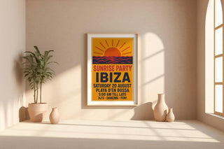 Ibiza Sunrise Party Poster – Retro Club Wall Art with Sun, Sea and Dancefloor Vibes, Bold Travel Print for DJs & Ravers, Free Shipping - Just Great Posters