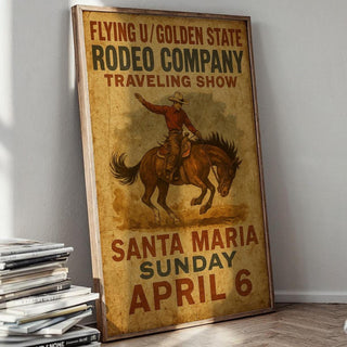 Flying U Rodeo Poster – Vintage Western Cowboy Wall Art with Bronco Rider & Aged Typography, Americana Decor Print, Free Shipping - Just Great Posters