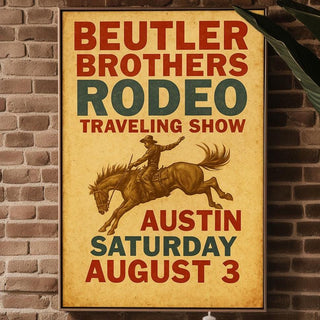 Beutler Brothers Rodeo Poster – Vintage Cowboy Bronco Wall Art from Texas Tour Show, Western Typography Print, Free Shipping - Just Great Posters
