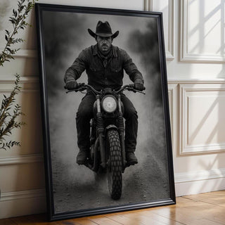 Cowboy Motorcycle Wall Art – Black & White Biker Photography Print, Western Rider Portrait for Modern Rustic Decor, Free Shipping - Just Great Posters