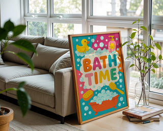 Bath Time Poster – Colorful Kids Bathroom Wall Art with Duck, Bubbles & Tub, Cute Playful Print for Toddlers, Nurseries or Daycares - Just Great Posters