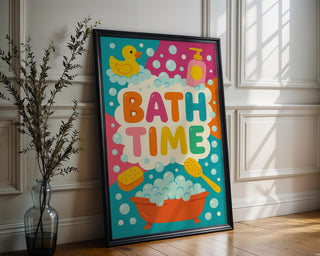 Bath Time Poster – Colorful Kids Bathroom Wall Art with Duck, Bubbles & Tub, Cute Playful Print for Toddlers, Nurseries or Daycares - Just Great Posters