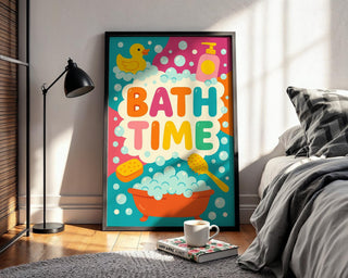 Bath Time Poster – Colorful Kids Bathroom Wall Art with Duck, Bubbles & Tub, Cute Playful Print for Toddlers, Nurseries or Daycares - Just Great Posters