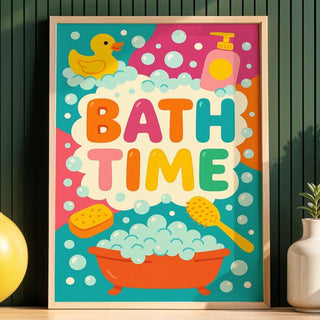 Bath Time Poster – Colorful Kids Bathroom Wall Art with Duck, Bubbles & Tub, Cute Playful Print for Toddlers, Nurseries or Daycares - Just Great Posters