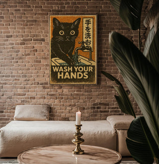 Wash Your Hands Cat Poster – Vintage Japanese Style Hygiene Wall Art, Retro Handwashing Print for Bathroom or Cat Lover Gift - Just Great Posters