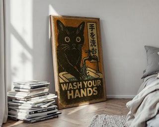 Wash Your Hands Cat Poster – Vintage Japanese Style Hygiene Wall Art, Retro Handwashing Print for Bathroom or Cat Lover Gift - Just Great Posters