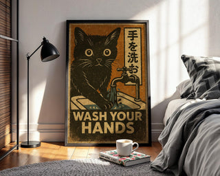Wash Your Hands Cat Poster – Vintage Japanese Style Hygiene Wall Art, Retro Handwashing Print for Bathroom or Cat Lover Gift - Just Great Posters