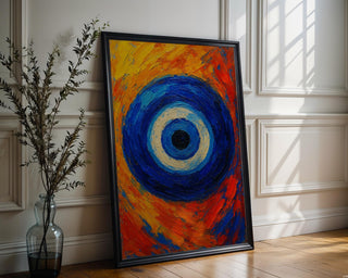 Greek Eye Wall Art – Bold Blue Modern Painting Print, Mediterranean Protection Symbol Decor, Colorful Statement Poster - Just Great Posters