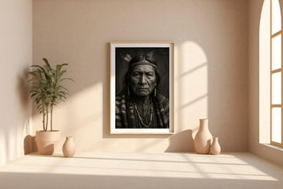 Native American Portrait – Powerful Black & White Photo Print with Cultural Detail and Tribal Strength, Heritage Wall Art, Free Shipping - Just Great Posters