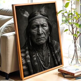 Native American Portrait – Powerful Black & White Photo Print with Cultural Detail and Tribal Strength, Heritage Wall Art, Free Shipping - Just Great Posters