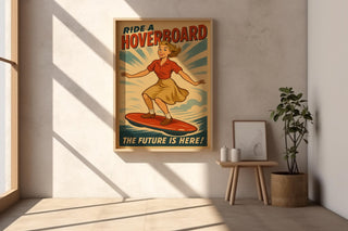 Hoverboard Girl Retro Poster – Vintage Future Ride Wall Art, Fun Sci - Fi Hoverboard Ad Print, Midcentury Adventure and Tech Decor - Just Great Posters