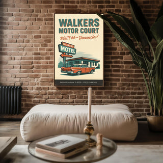 Route 66 Motel Poster – Vintage Walkers Motor Court Wall Art, Retro Road Trip Print, Bold Americana Decor for Garage, Office or Man Cave - Just Great Posters