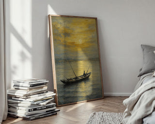 Golden Sunset Fishing Boat Print – Serene Nautical Wall Art, Peaceful Ocean Scene Painting, Coastal Decor for Living Room or Beach House - Just Great Posters