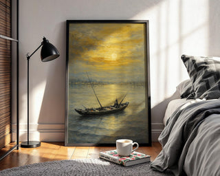 Golden Sunset Fishing Boat Print – Serene Nautical Wall Art, Peaceful Ocean Scene Painting, Coastal Decor for Living Room or Beach House - Just Great Posters