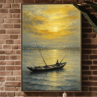 Golden Sunset Fishing Boat Print – Serene Nautical Wall Art, Peaceful Ocean Scene Painting, Coastal Decor for Living Room or Beach House - Just Great Posters