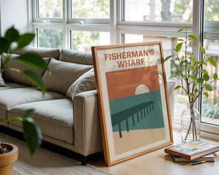 Fisherman’s Wharf Poster – Minimalist Coastal Wall Art with Pier and Sunset, Retro Beach Travel Print for Seaside Home or Nautical Decor - Just Great Posters